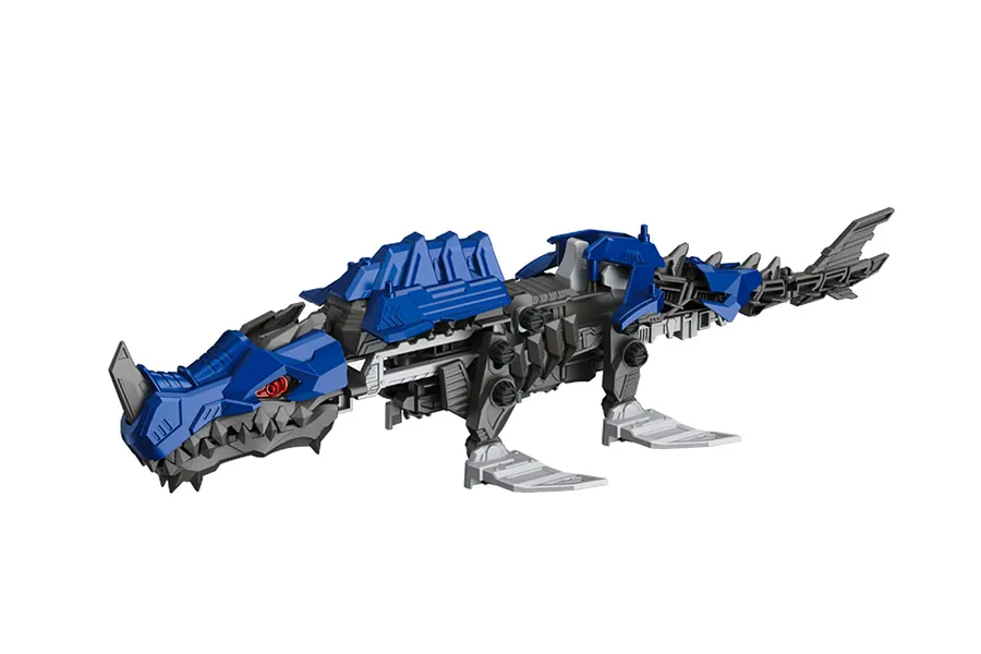 A studio shot of the Revell CyberBeasts HydroFang model kit, a blue and grey robotic creature with a long tail and fin-like feet.