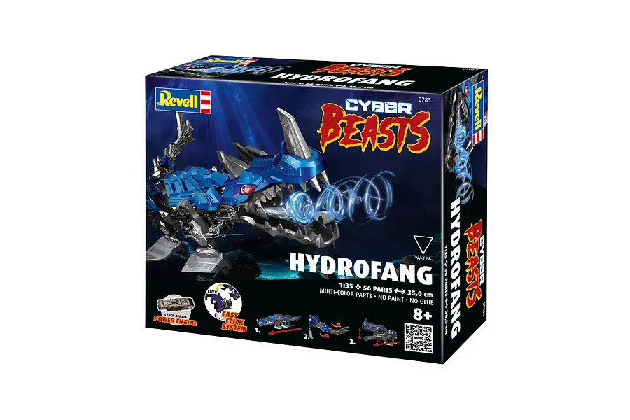 Revell CyberBeasts HydroFang 1/35 scale model kit box showing a blue robotic creature with a power engine.