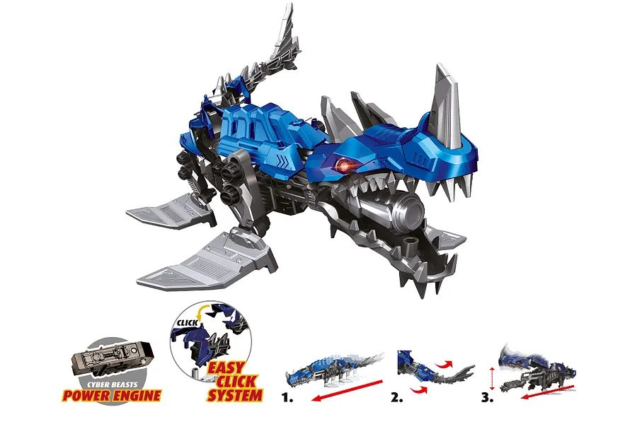 Revell CyberBeasts HydroFang model kit showing the assembled blue and grey robotic shark-like creature and assembly feature diagrams.