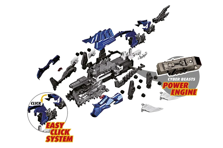 Exploded view of the Revell CyberBeasts HydroFang model kit showing various plastic parts, the power engine unit, and assembly details.