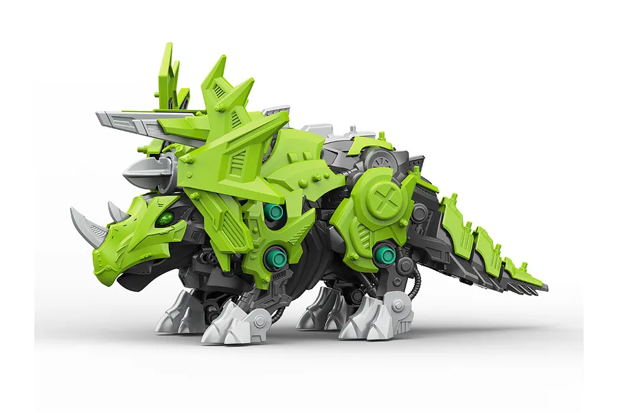 A studio shot of the Revell CyberBeasts TerraTops model, a mechanical triceratops in bright lime green and dark grey plastic.