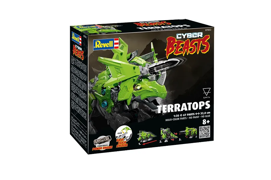 Revell 1/35 scale CyberBeasts TerraTops model kit packaging box showing a green robotic triceratops figure.