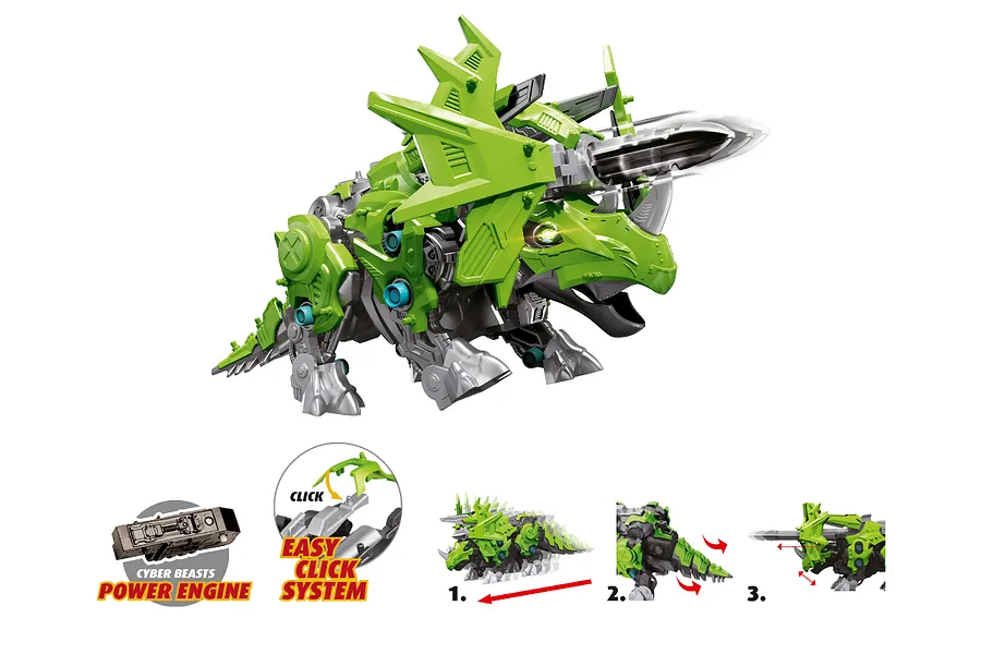 A Revell CyberBeasts TerraTops model kit featuring a green mechanical triceratops with a spinning blade, alongside diagrams showing assembly and features.