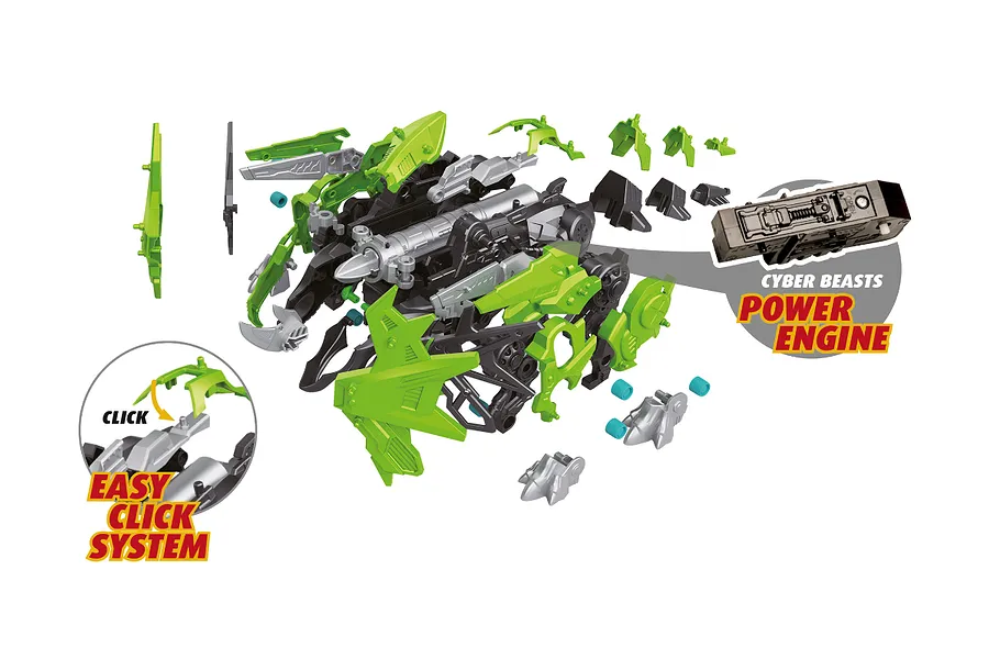 Exploded view diagram of the Revell CyberBeasts TerraTops model kit showing assembly parts, the power engine module, and the easy click system.