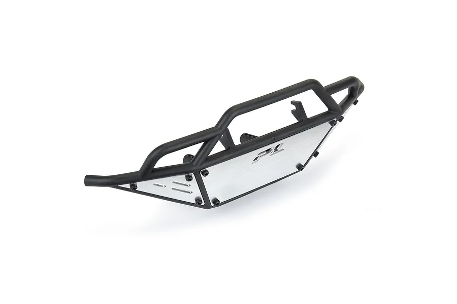Pro-Line Pre-Runner front bumper for RC cars featuring a black tubular frame and brushed metal skid plate inserts with a PL logo.