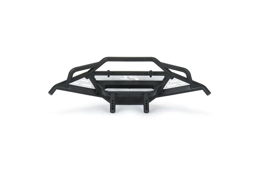 Pro-Line Pre-Runner front bumper for RC vehicles, featuring a black tubular frame and silver metal inserts.