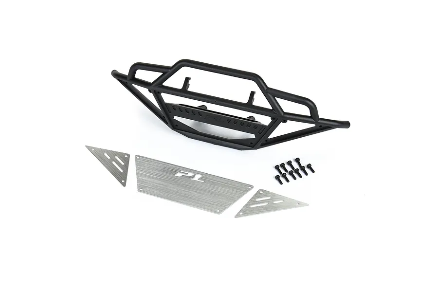 Pro-Line Pre-Runner front bumper kit for RC cars including a black plastic bumper, three brushed metal inserts, and mounting screws.