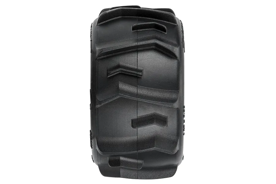 A single Pro-Line 1.9 inch Dumont paddle tyre viewed from directly above, showing the aggressive tread pattern on a white background.