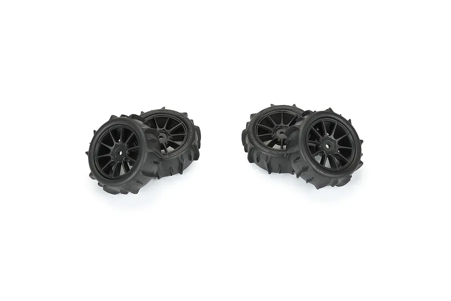 Four Pro-Line 1.9 inch Dumont MTD paddle tyres mounted on black Mach-10 rims, shown in two pairs against a white background.