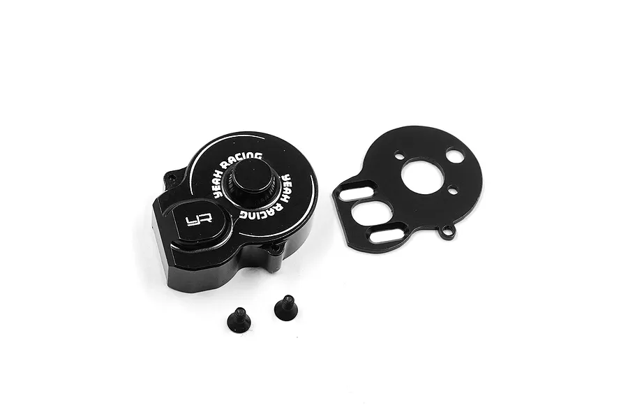 Yeah Racing black aluminium motor plate and gear cover set for RC cars, including two small mounting screws.