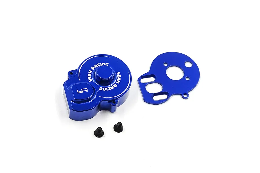 A dark blue anodized aluminium motor plate and gear cover set by Yeah Racing, including two small black mounting screws on a white background.