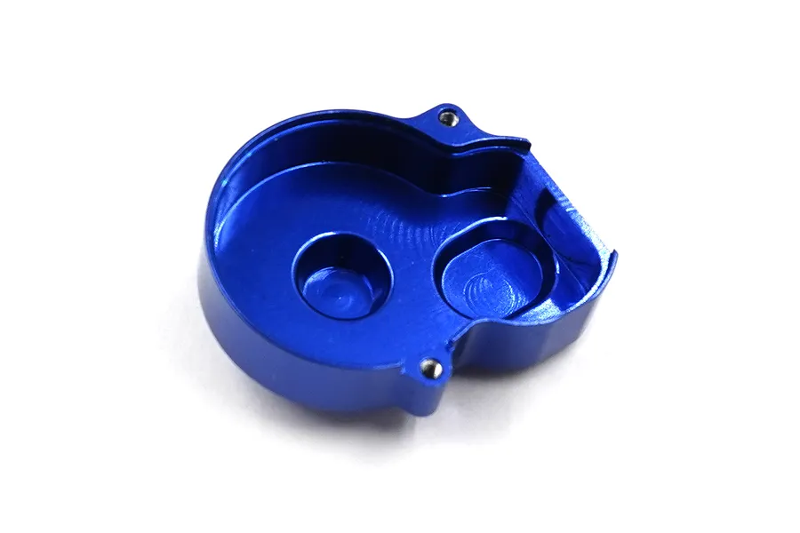 A dark blue anodized aluminium motor cover for an RC car, shown from an angled perspective against a white background.