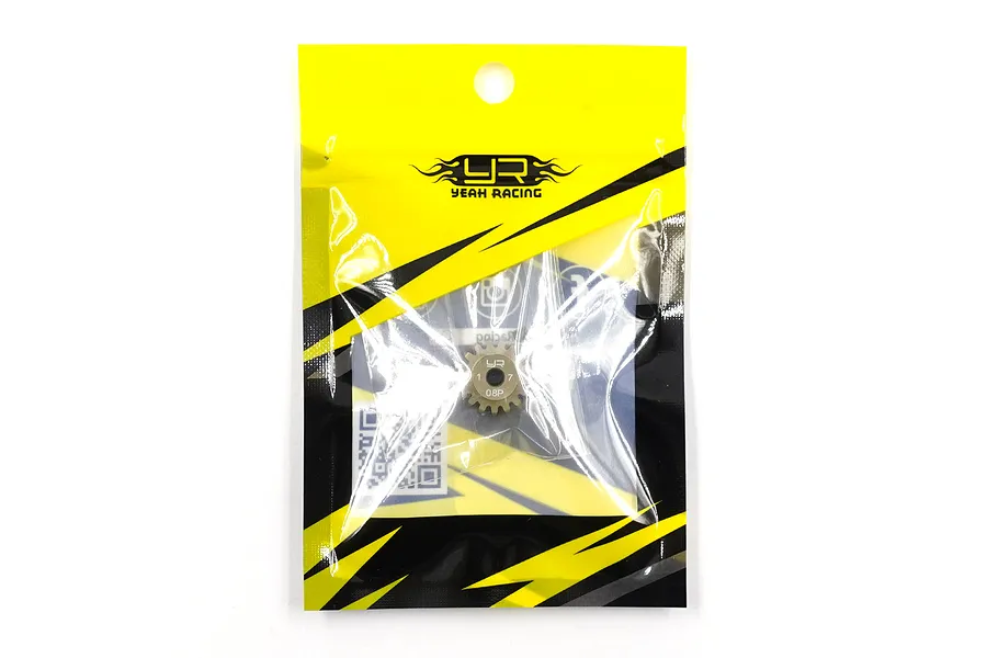A Yeah Racing 17T 0.8Mod pinion gear in its original yellow and black retail packaging.