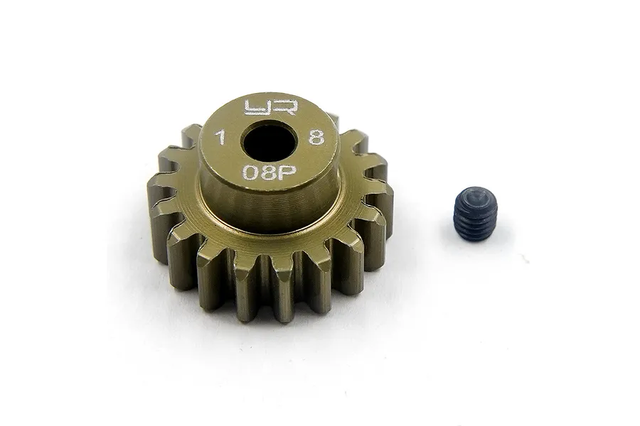 A bronze-coloured Yeah Racing 18T 0.8Mod pinion gear with a small black grub screw on a white background.