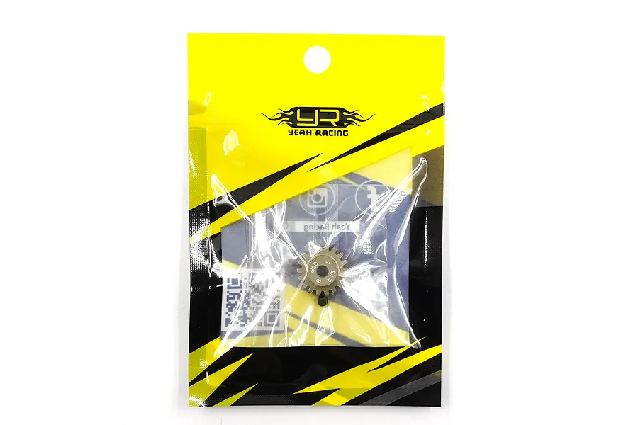 A Yeah Racing 18T 32dp pinion gear inside its original yellow and black retail packaging.