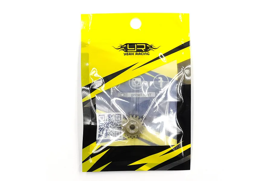A Yeah Racing 19T 0.8Mod pinion gear inside its original yellow and black branded plastic packaging.