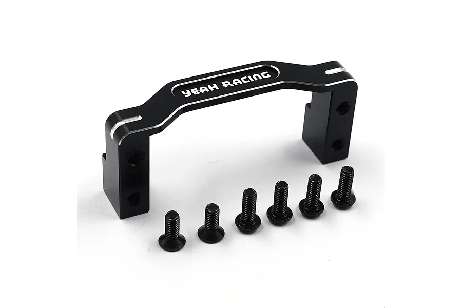 A black aluminium Yeah Racing servo mount with six matching black screws on a white background.