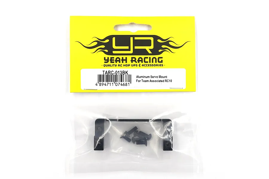 Yeah Racing Aluminium Servo Mount for Team Associated RC10 in black, packaged in a clear plastic bag with a yellow header card.