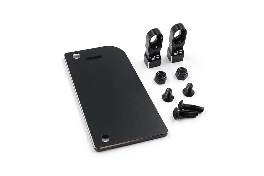 A set of black aluminium RC servo mounts and hardware including a flat plate, two upright mounts with YR logo, nuts, and screws on a white background.