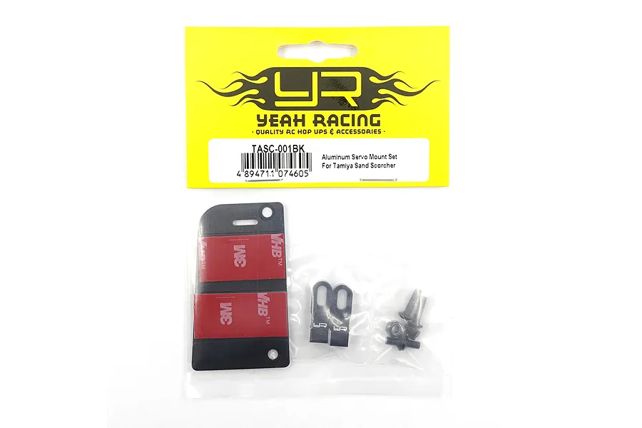 Yeah Racing Aluminium Servo Mount Set for Tamiya Sand Scorcher in original yellow and clear plastic packaging.