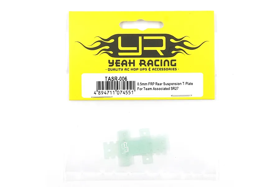 Yeah Racing 0.5mm FRP rear suspension T-plate for Team Associated SR27 in original yellow and white retail packaging.