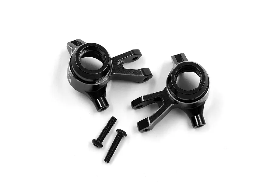 Two black aluminium RC front steering hubs with two matching black screws on a white background.