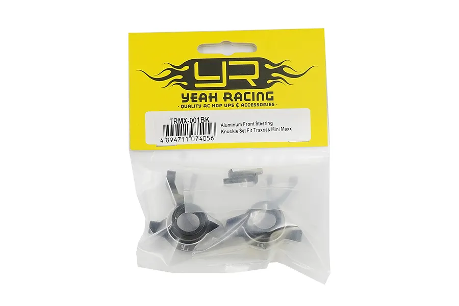 Yeah Racing aluminium front steering knuckles for Traxxas Mini Maxx in original yellow and white retail packaging.
