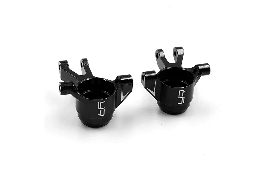 Two black aluminium RC steering hubs from Yeah Racing, featuring the YR logo, shown against a white background.