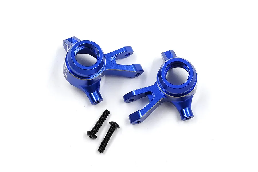 A pair of dark blue anodized aluminium front steering hubs for RC cars, accompanied by two black metal screws, set against a plain white background.