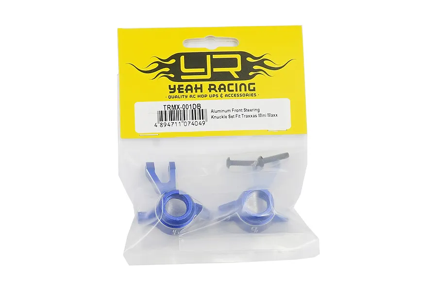 Yeah Racing aluminium front steering hubs for Traxxas Mini Maxx in original yellow and white retail packaging.