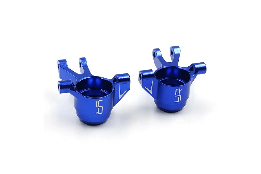 Two dark blue anodized aluminium front steering hubs for RC cars, featuring the Yeah Racing logo.