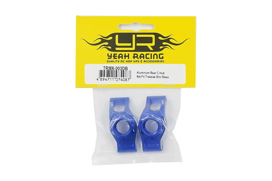 A pair of dark blue aluminium rear C-hubs for Traxxas Mini Maxx by Yeah Racing in original retail packaging.