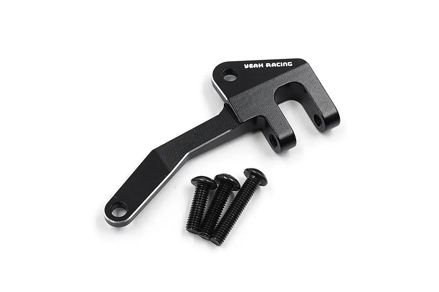 A black aluminium Panhard mount by Yeah Racing with three included black screws on a white background.