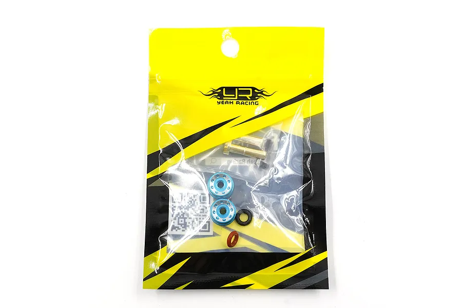 Yeah Racing 4mm bullet plug set with blue aluminium grips in original yellow and black retail packaging.