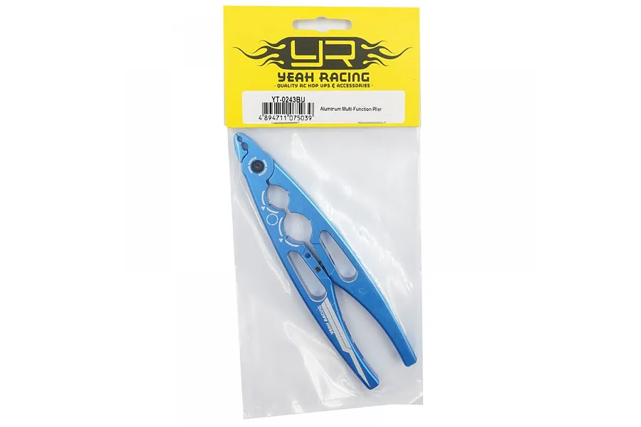 Yeah Racing blue aluminium multi-function shock pliers in original yellow and clear plastic retail packaging.