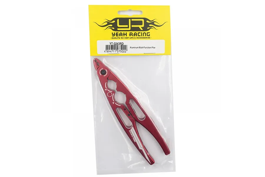 A red Yeah Racing aluminium multi-function shock plier in its original yellow and white retail packaging.