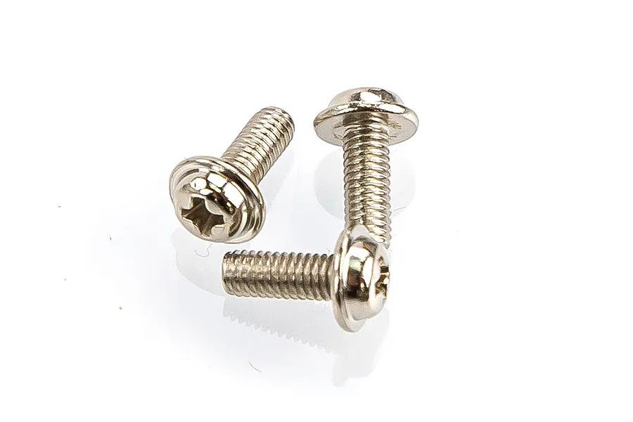 Three silver-coloured metal washer head screws with Phillips drive heads arranged on a white background.