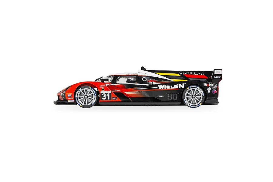 Side view of a Scalextric 1/32 scale Cadillac V-Series R slot car, featuring a black, red, and white Whelen Engineering racing livery.