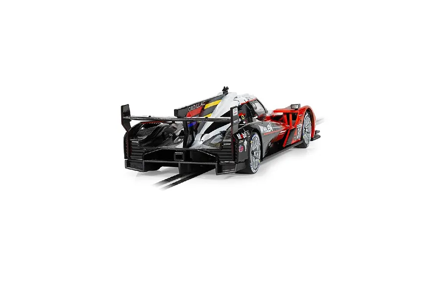 Rear three-quarter view of a Scalextric 1/32 scale Cadillac V-Series R slot car in Whelen Engineering livery, positioned on a slot car track.