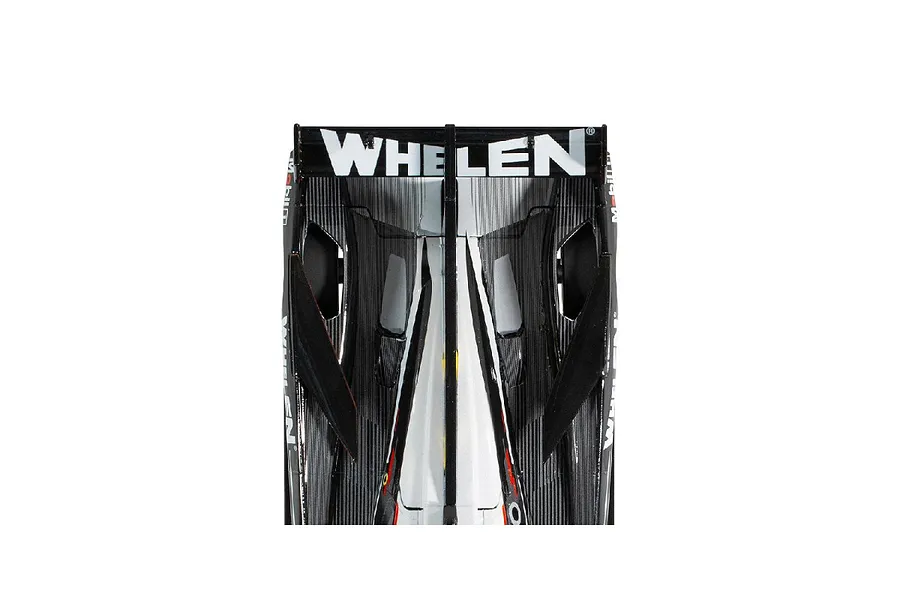 Top-down view of the rear wing and engine cover of a Scalextric Cadillac V-Series R slot car featuring Whelen branding.