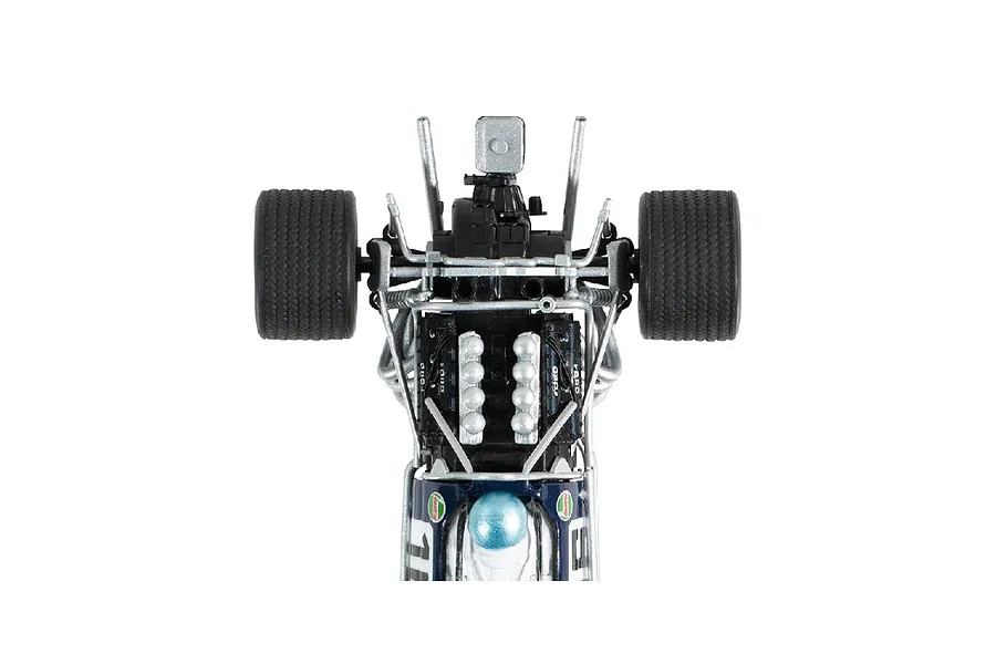 Top-down view of the rear engine and chassis detail of a 1/32 scale Scalextric Brabham BT26 slot car.