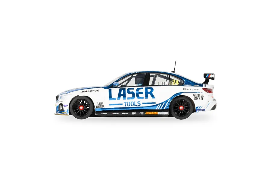 Side profile of a Scalextric 1/32 scale BMW 330E NGTC slot car in Laser Tools livery with blue and white racing decals.