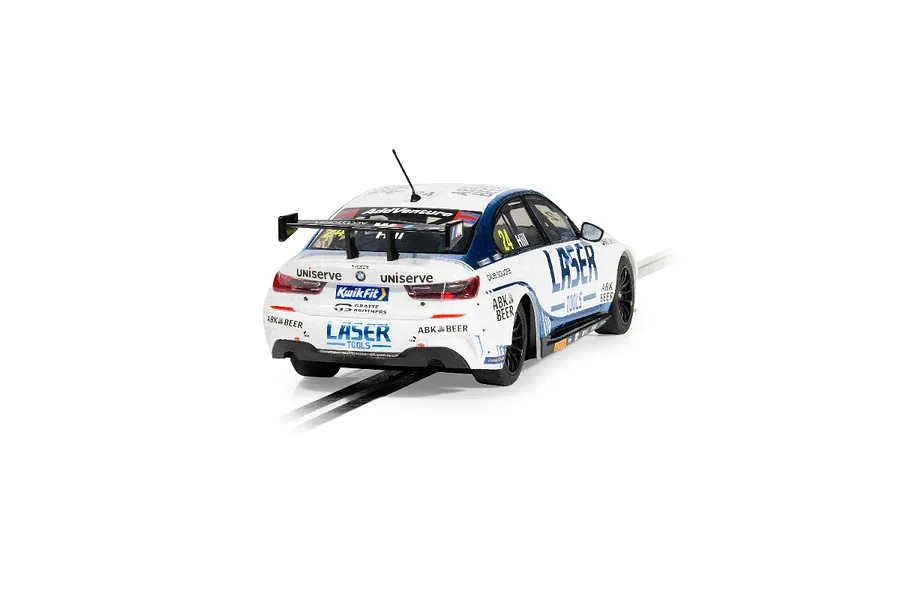 Rear three-quarter view of a white and blue Scalextric 1/32 scale BMW 330E slot car with Laser Tools livery on a track.