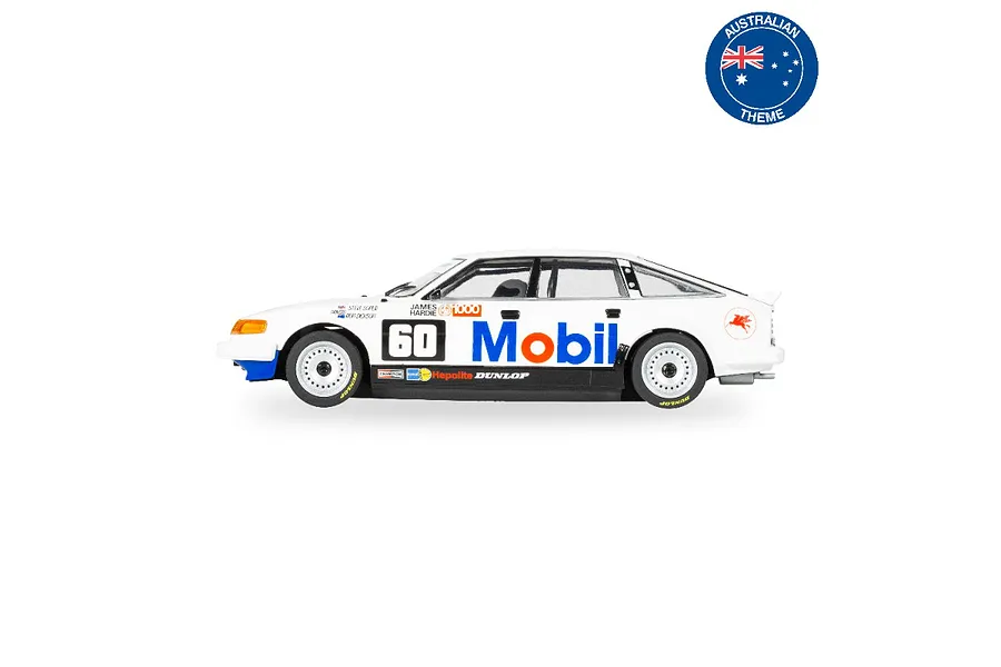 Side view of a 1/32 scale Scalextric Rover SD1 slot car in white with Mobil racing livery and number 60, featuring an Australian theme badge.