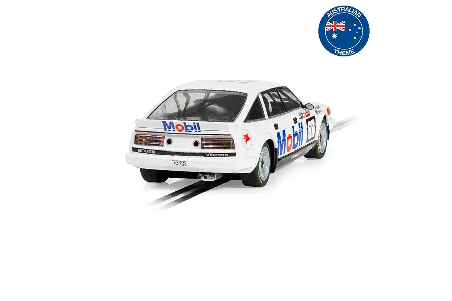 Rear three-quarter view of a white Scalextric 1/32 scale Rover SD1 slot car with Mobil racing livery on a track, featuring an Australian theme badge.