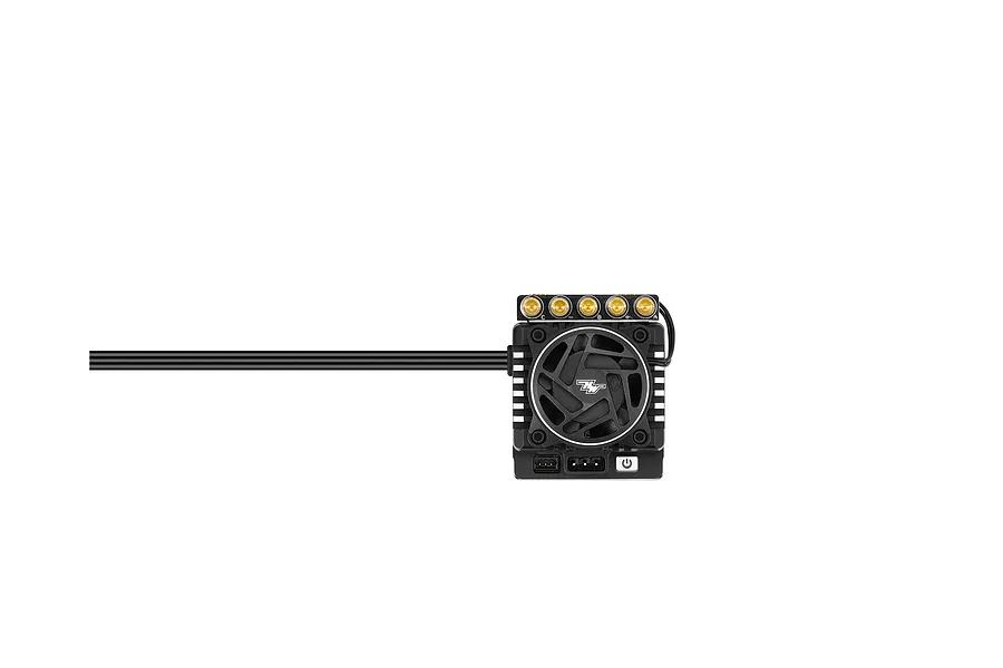 Top-down view of a Hobbywing XeRun XR10 Pro G3 brushless ESC featuring a black cooling fan, gold-plated solder posts, and a power cable.