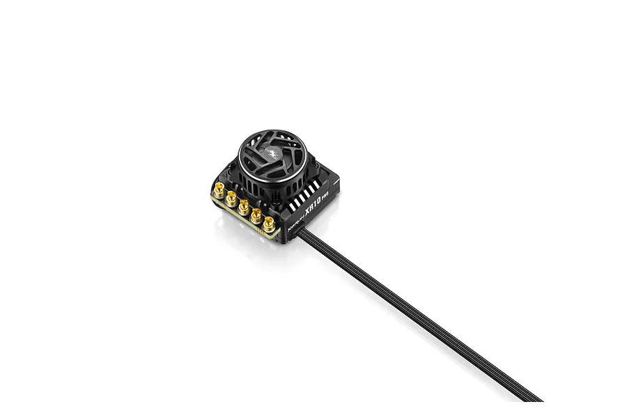 Hobbywing XeRun XR10 Pro G3 brushless sensored ESC with integrated cooling fan, shown from a high angle against a white background.