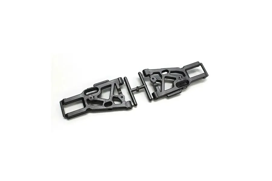 A pair of black plastic front lower suspension arms for an RC car, still attached to the plastic sprue tree.