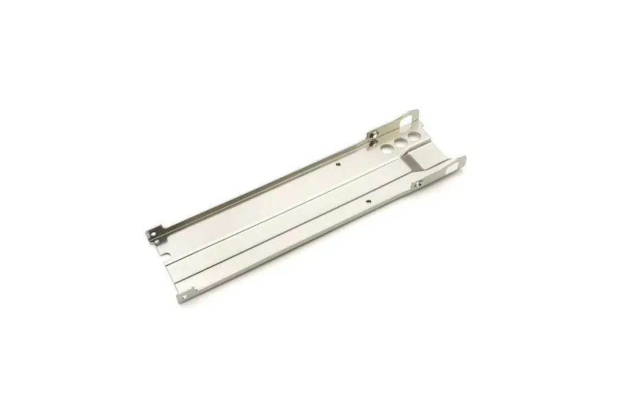 A silver-coloured metal centre skid plate for a Kyosho RC vehicle, shown from an angled perspective against a white background.