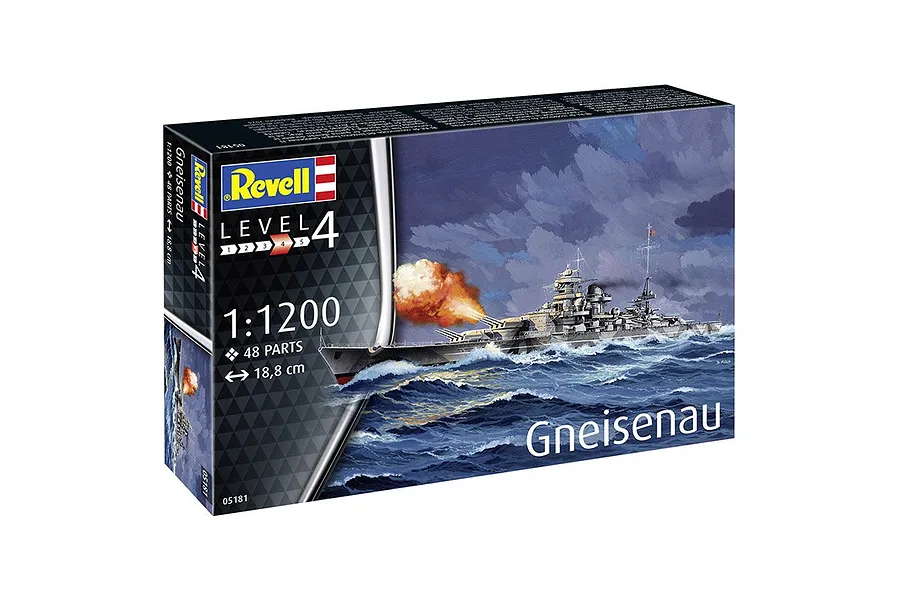 Revell 1/1200 scale Gneisenau battleship plastic model kit box showing an illustration of the ship firing its guns at sea.